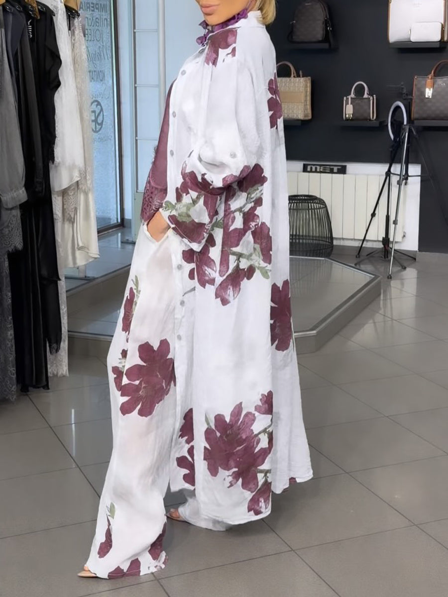 Casual Linen-cotton Floral Print Jacket And Sleeveless Dress Two-piece Set