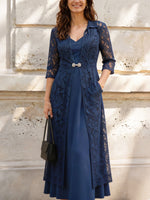 Womens Lace Long Coat & Satin Slip Midi Dress 2 Piece Formal Set
