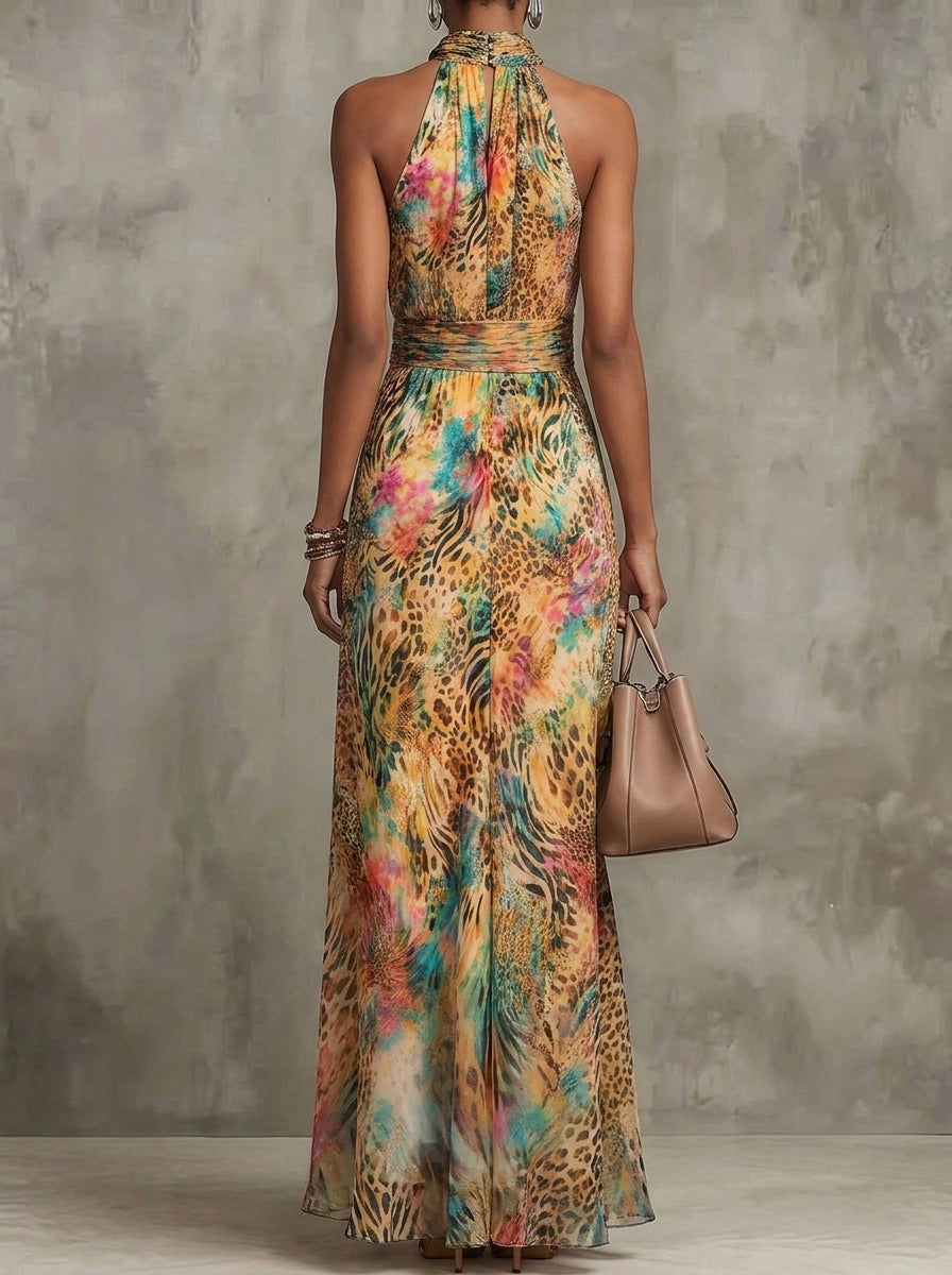 Women'sHalter Neck Colorful Animal Print Chiffon Maxi Dress With Pockets